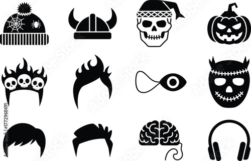 Halloween costume accessories icons, skull mask, pumpkin head, spooky hats, wig hairstyles and brain design for scary party vector illustration