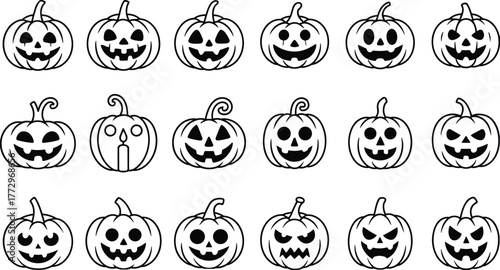 Halloween pumpkin faces vector set with spooky jack o lantern icons, cute and scary carved pumpkins for holiday decoration and design