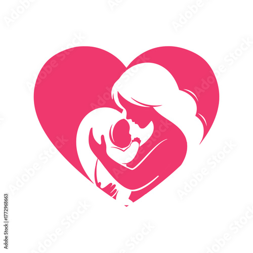 Mother embracing baby silhouette inside a pink heart, symbolizing love and family Vector, illustration