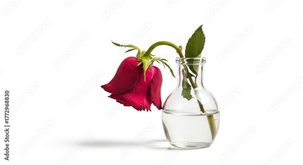 Fototapeta premium Single wilted flower in a small clear glass bottle, isolated on white background, concept of fading beauty or time passing