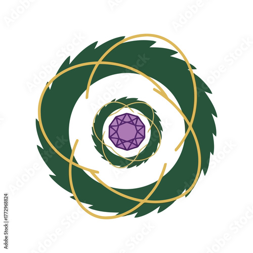 Abstract circular mandala with purple gemstone and green foliage elements and gold swirls Vector, illustration