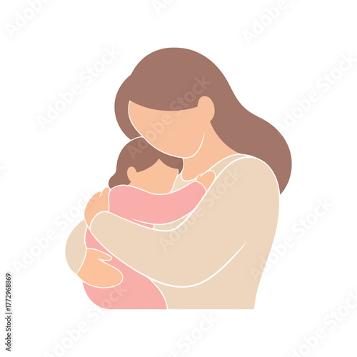 Mother holding baby close, simple minimalist illustration of maternal love and care Vector, illustration