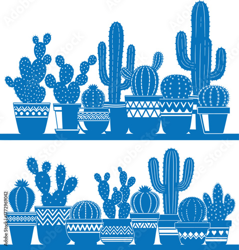 Cacti and succulent plants, potted arrangement featuring varied pot designs, minimalist style composition