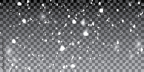 Small falling snowflakes. Snow storm effect, blurred, cold wind with snow. Holiday powder snow for cards, invitations, banners, advertising.