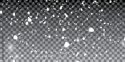 Small falling snowflakes. Snow storm effect, blurred, cold wind with snow. Holiday powder snow for cards, invitations, banners, advertising.