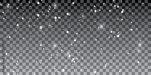 Small falling snowflakes. Snow storm effect, blurred, cold wind with snow. Holiday powder snow for cards, invitations, banners, advertising.