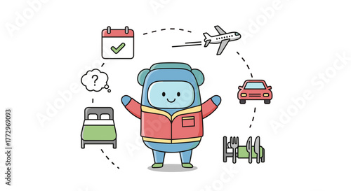 Cartoon character planning travel itinerary with icons and checklist  