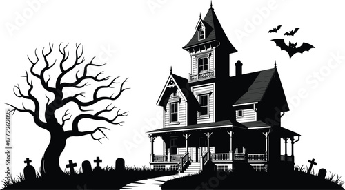 Haunted house spooky graveyard scene with creepy tree and flying bats, scary Halloween horror night vector illustration for holiday design