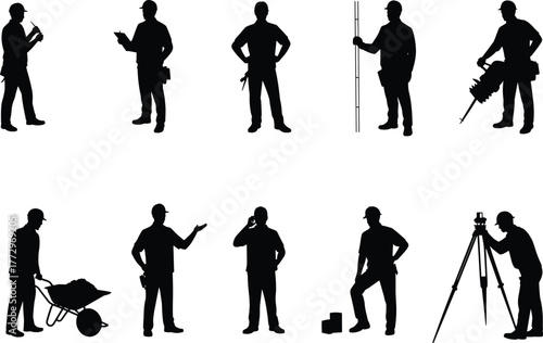 Construction workers silhouettes, building site labor, industrial teamwork, heavy equipment, safety gear, manual work, engineering roles, infrastructure development, tools, jobsite activity