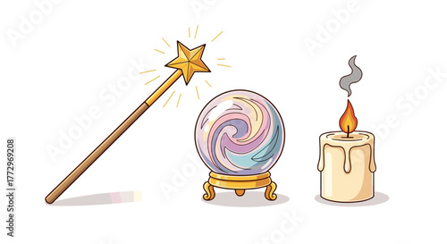 Magic wand crystal ball and candle illustration for fortune telling and witchcraft elements design concept
