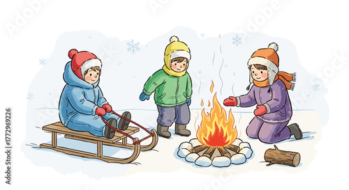 Winter fun illustration of kids sledding and warming up by campfire in snowy landscape scene outdoors