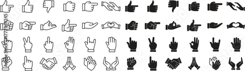 Hand gesture icons set. Collection of hand gesture icons representing various actions and emotions for graphic design and communication, isolated on transparent background. Vector illustration.