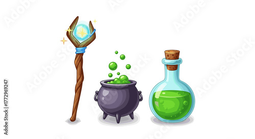 Illustration of a magic wand, potion bottle and cauldron for spellcasting and fantasy themed design assets
