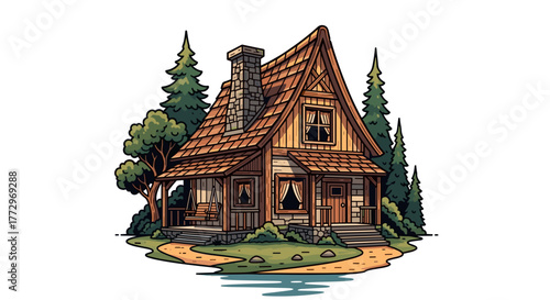 Charming cabin in the woods illustration with trees and chimney for graphic design and nature lovers
