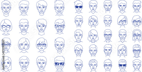 Collection of diverse head and face line art icons with minimalist design elements