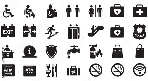 Public space wayfinding glyph icon set. Vector pictograms of navigation, emergency, escalator, elevator, stairs, info desk, extinguisher, food court, black sign silhouette illustration