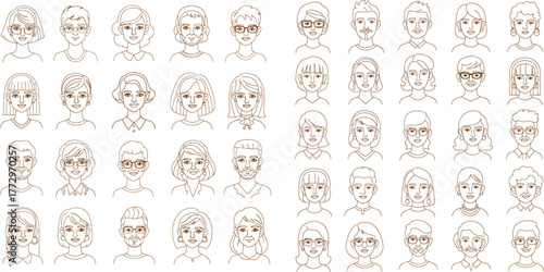 Collection of diverse people faces illustration, line art style, portraits for profile creation