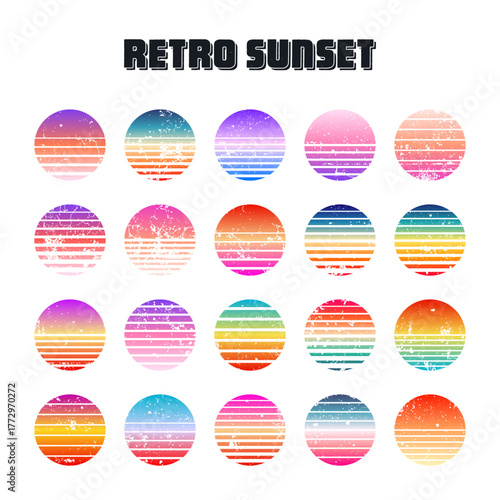 Grunge vintage colorful sunset. Striped gradient sunrise badges in 80s and 90s style. Sun and ocean view, summer vibes, surfing. Design element for print, logo or t-shirt. Vector illustration
