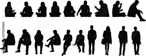 Collection of diverse human silhouettes in various sitting and standing poses against a white background