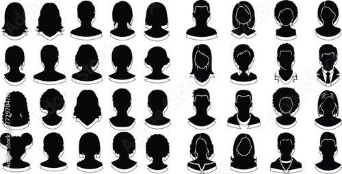 Collection of varied head silhouette portraits, representing diverse hairstyles, suitable for user profile icons