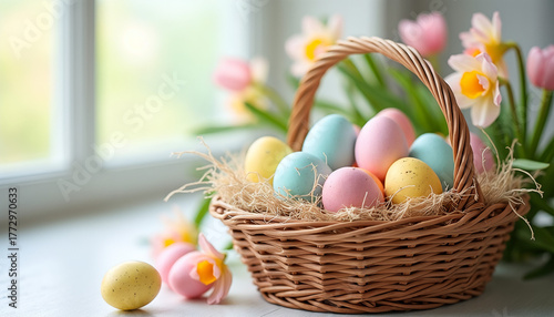 Easter eggs in a woven basket with hay and spring flowers, minimalist background for Easter holiday