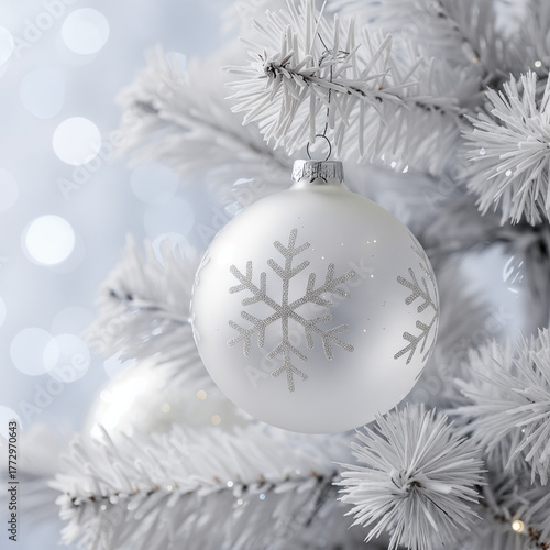 Close-up of a simple Christmas ornament on a white tree in Scandinavian style