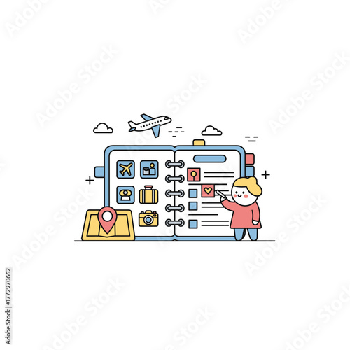 Young person planning travel itinerary with checklist in notebook  