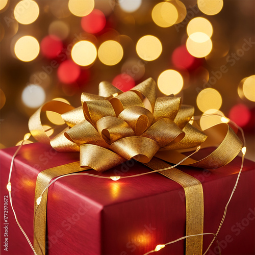 Close-up of an elegant Christmas gift with a bow and fairy lights
