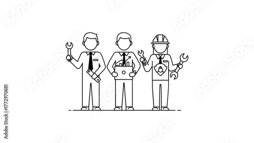 Team of engineers and workers with tools