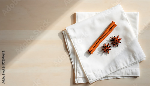 Minimalist background with cinnamon and star anise on a white napkin for Christmas