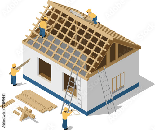 Isometric 3d illustration of house construction site with builders installing wooden roof structure, workers using ladders, carpentry tools and materials