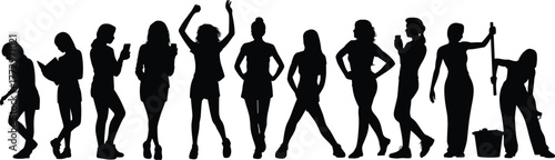 Female silhouettes, diverse poses, standing women, lifestyle actions, cleaning lady, reading, dancing, confident stance, modern female roles, black outline, vector illustration