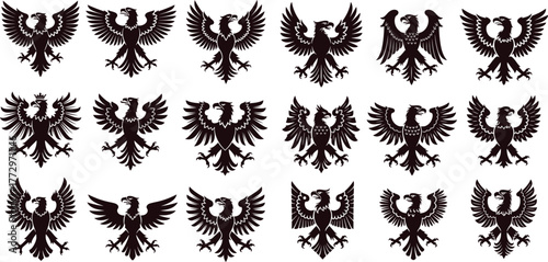 Eagle Heraldic Symbols Set Illustration, Collection of Ancient Emblems, Different Design Styles