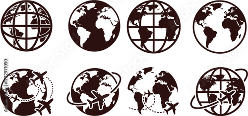 Earth globe icons, showing planes circling the world, travel and geographic concepts