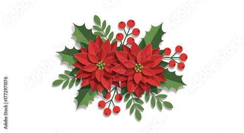 Festive poinsettia and holly arrangement for holiday greetings and christmas celebration design element