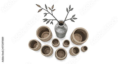 Still life drawing of vase with plant and collection of decorative pots for home decor design idea concept