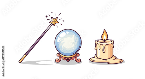 Magic wand crystal ball and candle illustration for fortune telling and divination practices art drawing