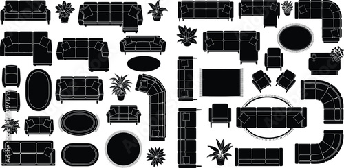 Furniture layout plan set, sofas, armchairs, carpets, plants, interior design