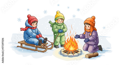 Children enjoying winter campfire scene illustration in snow outdoor activity and winter holiday season fun