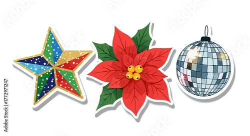 Festive christmas decorations star poinsettia disco ball holiday season celebration merry christmas design