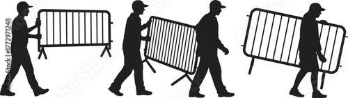 Silhouette workers moving crowd control barriers, event setup, public safety, manual labor, teamwork, outdoor security, construction, transportation, urban operations, logistics