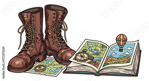 Adventure travel gear boots map compass and hot air balloon in book illustration for exploration theme design