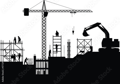Construction site silhouette, tower crane, excavator, scaffolding, workers, industrial machinery, building structure, steel reinforcement, civil engineering, urban development, infrastructure, labor