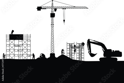 Construction site silhouette, tower crane, scaffolding, excavator, workers, industrial equipment, building process, heavy machinery, civil engineering, infrastructure development, black and white,