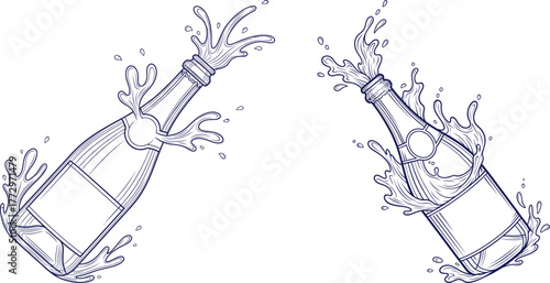 Handdrawn champagne bottles illustration, open with splash of liquid, celebration party vector