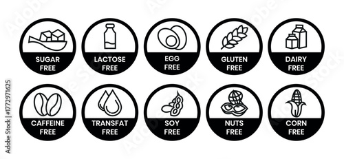 Set allergen free icons. Allergen free label products. Free lactose, gluten, sugar, corn, egg, trans fat, dairy, soy, nuts, caffeine, symbol, logo, badge, black, vector, isolated on white background.
