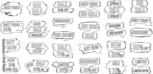 Handdrawn sale banner set with limited offer and discount tags, rough edge style