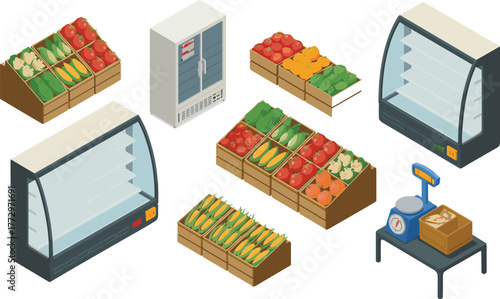 Isometric grocery store illustration, fresh vegetables display with shelves and weighing scale, supermarket produce section, retail market interior design concept