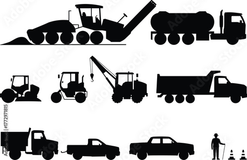 Construction vehicles, roadwork equipment, transportation silhouettes, heavy machinery, traffic cones, worker icon, black vector set, infrastructure tools, editable illustration, isolated graphic