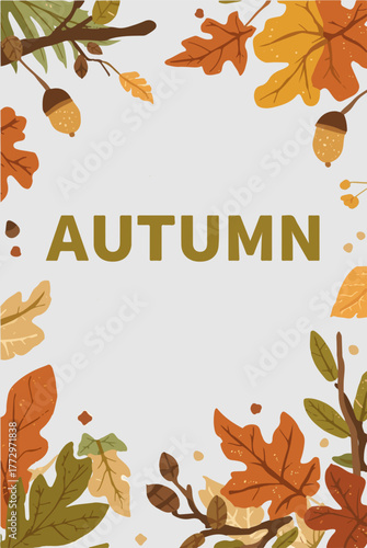 Vector template autumn greeting card with flat design featuring warm earthy tones such as olive green, terracotta, and golden yellow